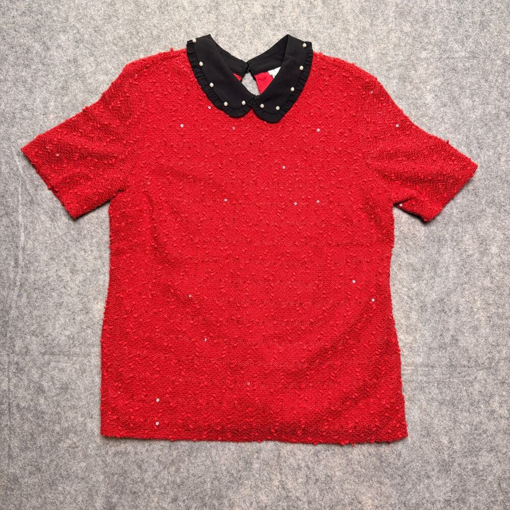 Elle Womens M Red Boucle Tweed Top Black Peter Pan Collar Pearl Sequin Short Sle